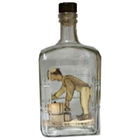 Garrafa com boneco em madeira no interior